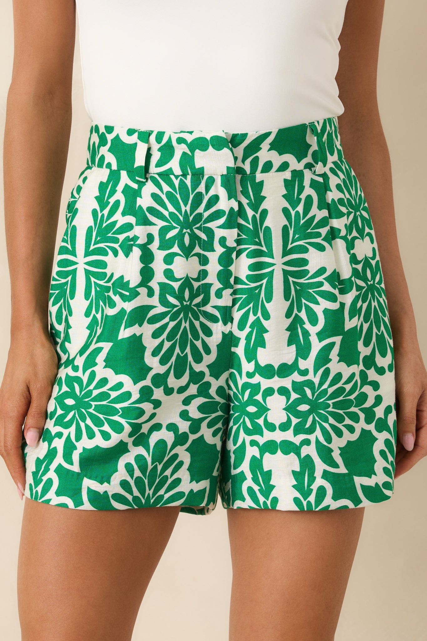 Fair Enough Green & Ivory Printed Shorts