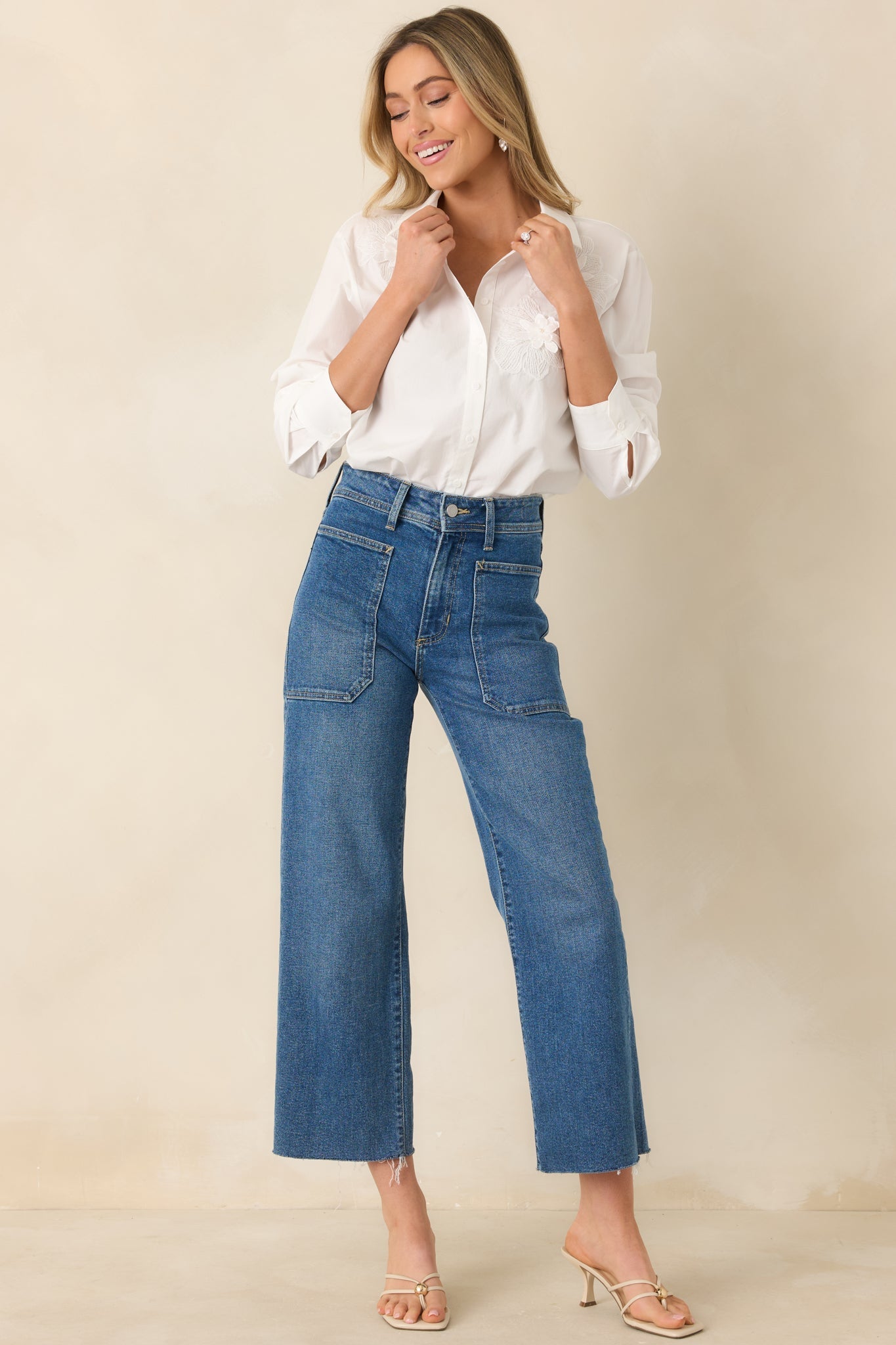 Little Details Matter White Floral Appliqué Button-Up Blouse