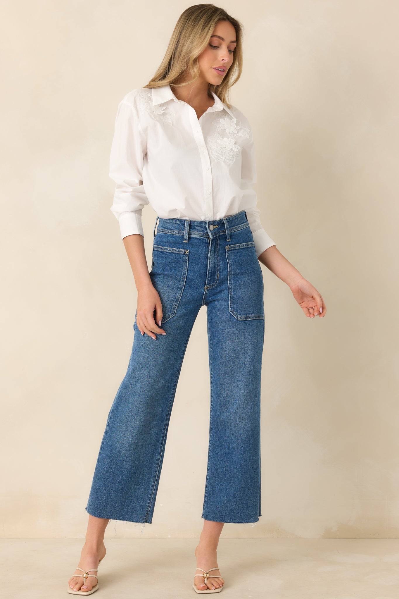 Little Details Matter White Floral Appliqué Button-Up Blouse