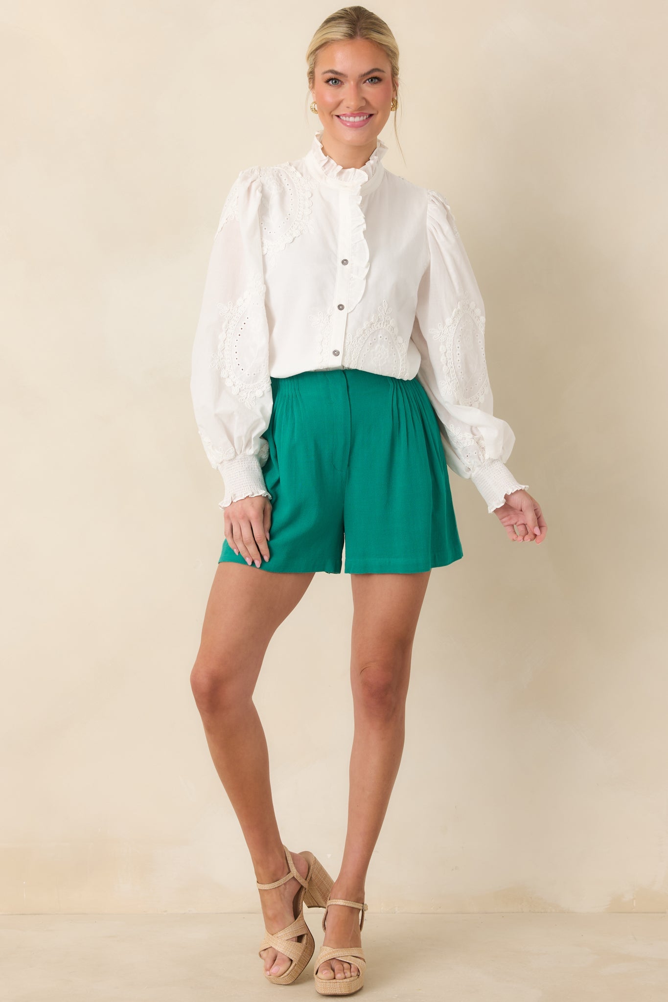 I Will Be Here White Eyelet Appliqué Detail Cotton Long Sleeve Blouse