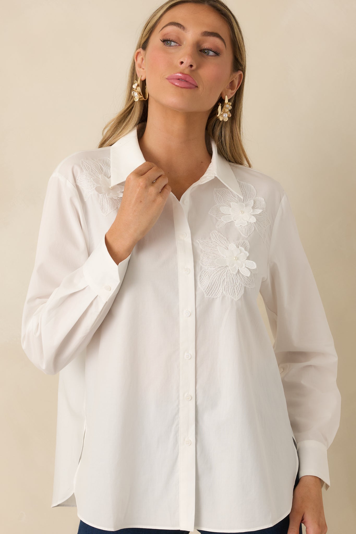 Little Details Matter White Floral Appliqué Button-Up Blouse