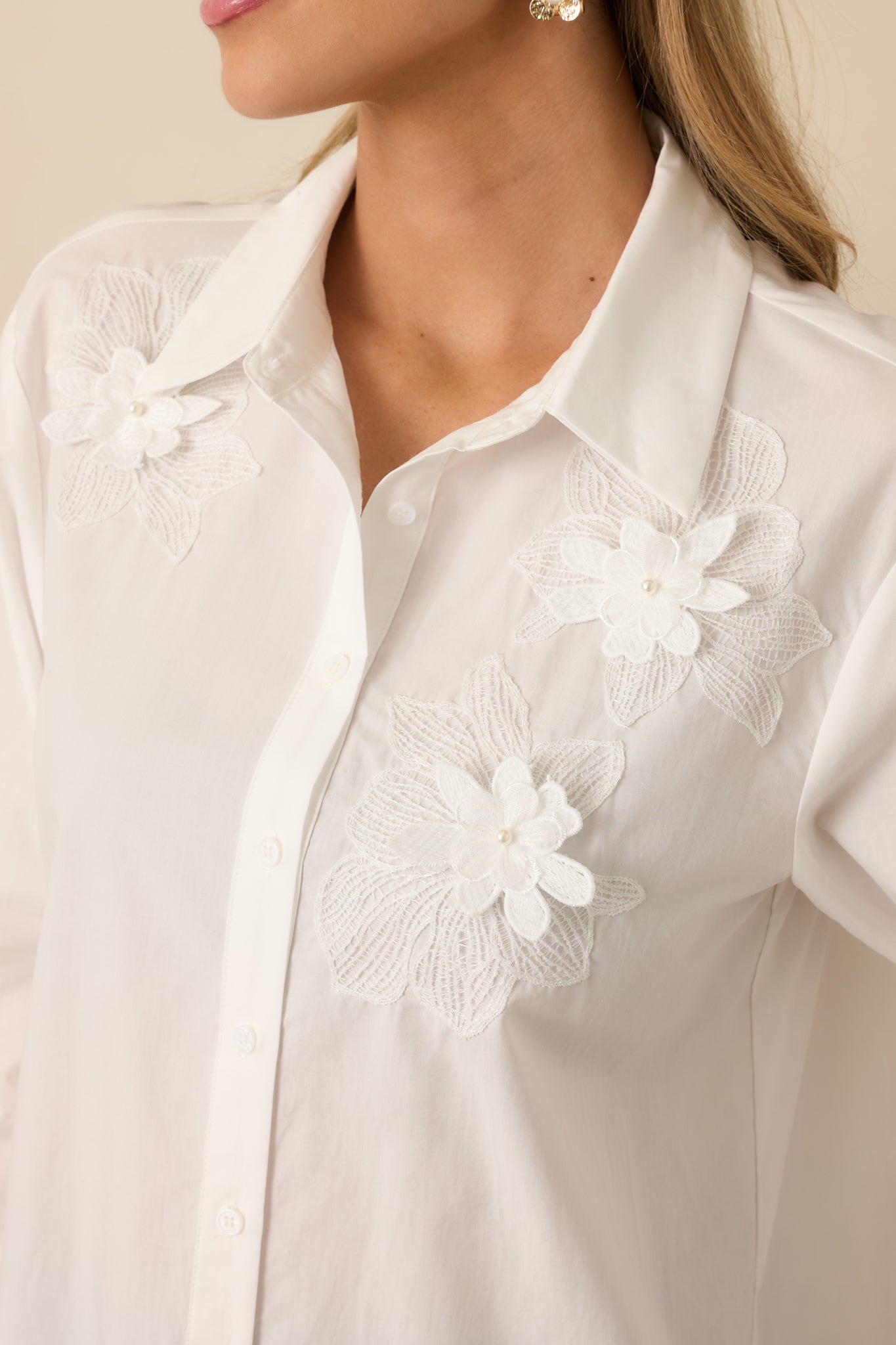 Little Details Matter White Floral Appliqué Button-Up Blouse