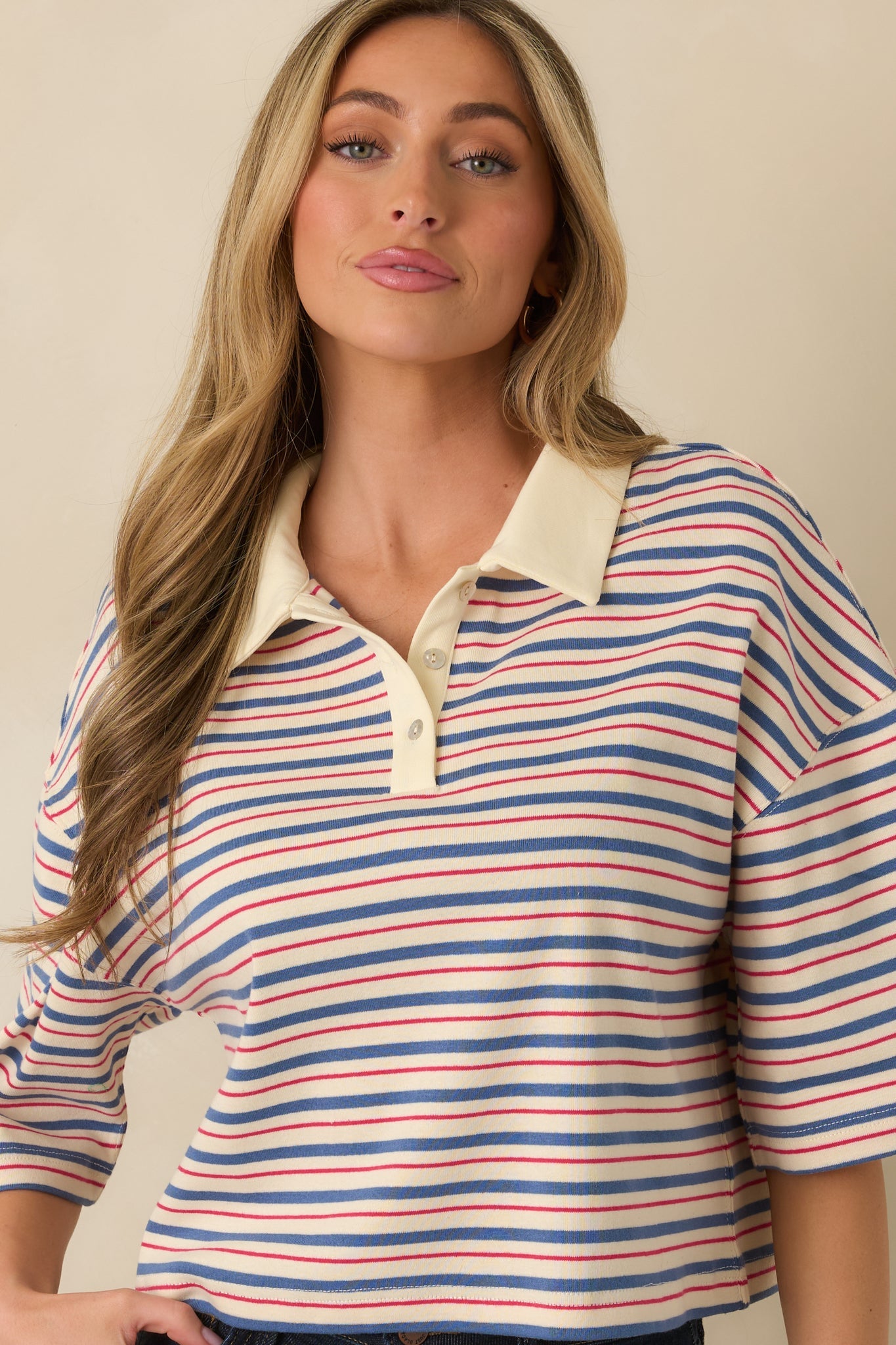 Varsity Charm Blue Multi Stripe Boxy Cotton Polo Top