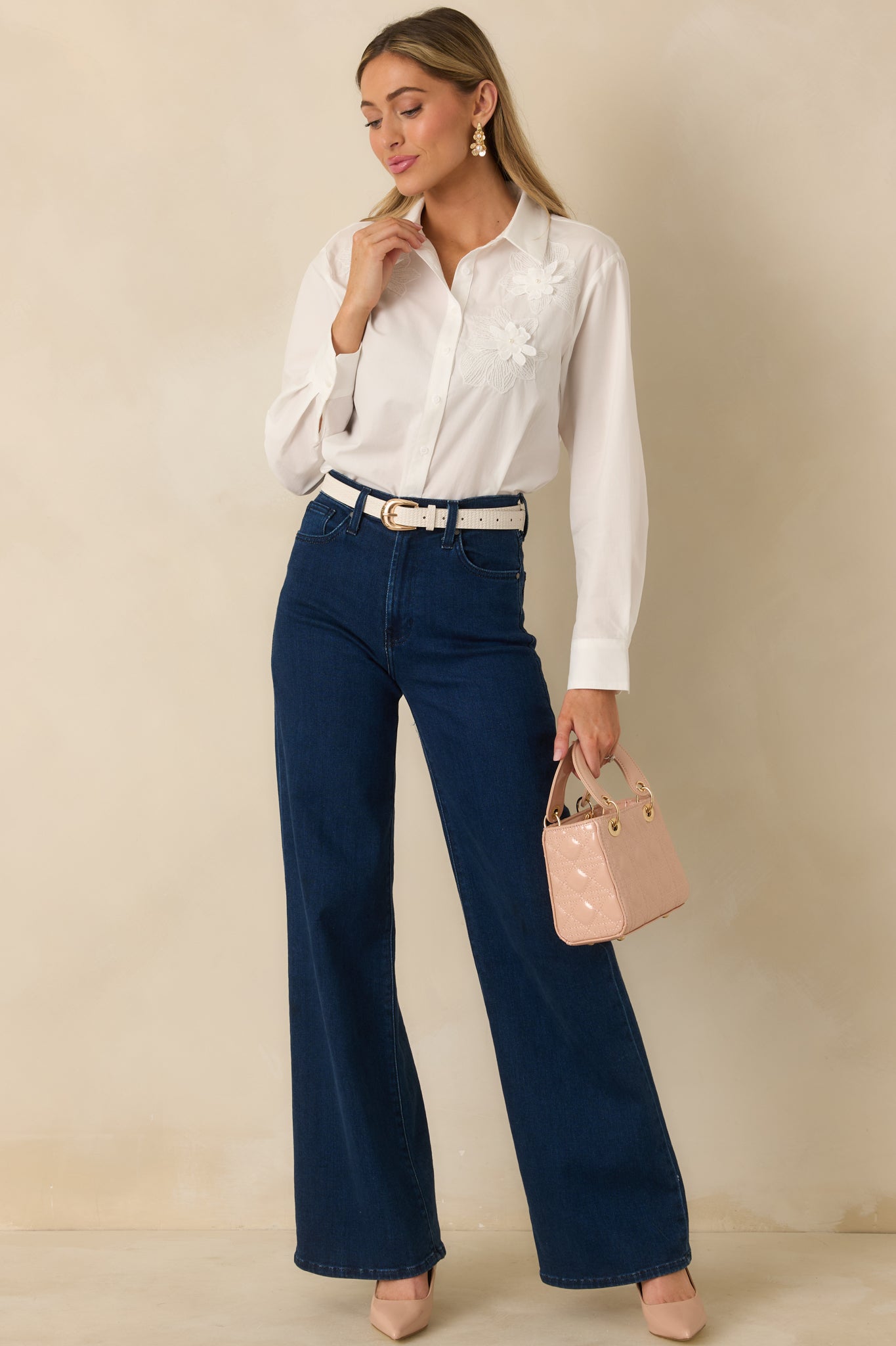 Little Details Matter White Floral Appliqué Button-Up Blouse