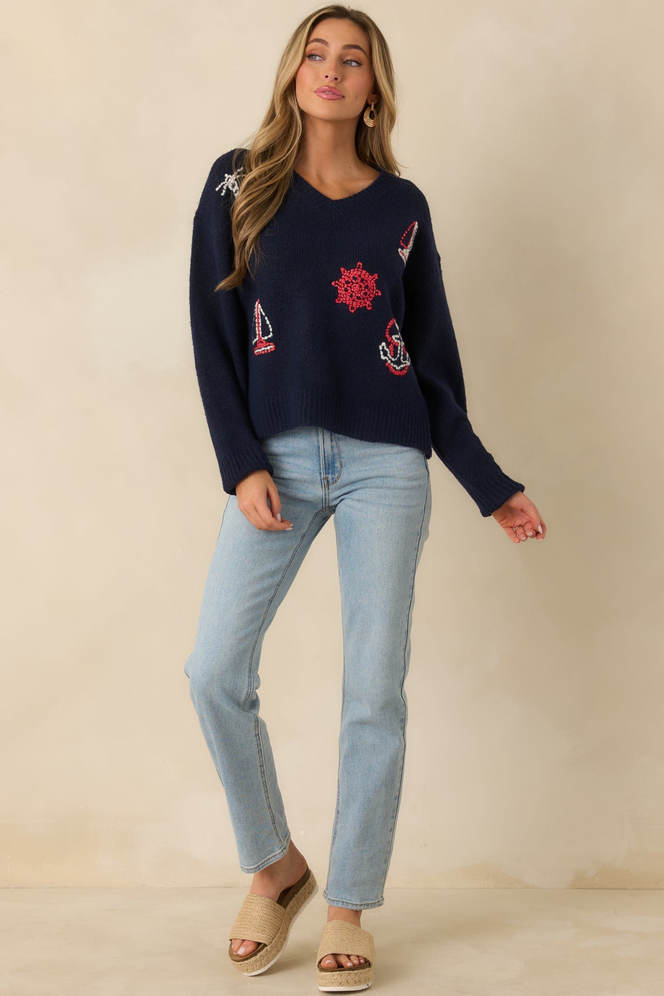 Anchored in Style Navy Multi Knit Nautical V-Neck Sweater