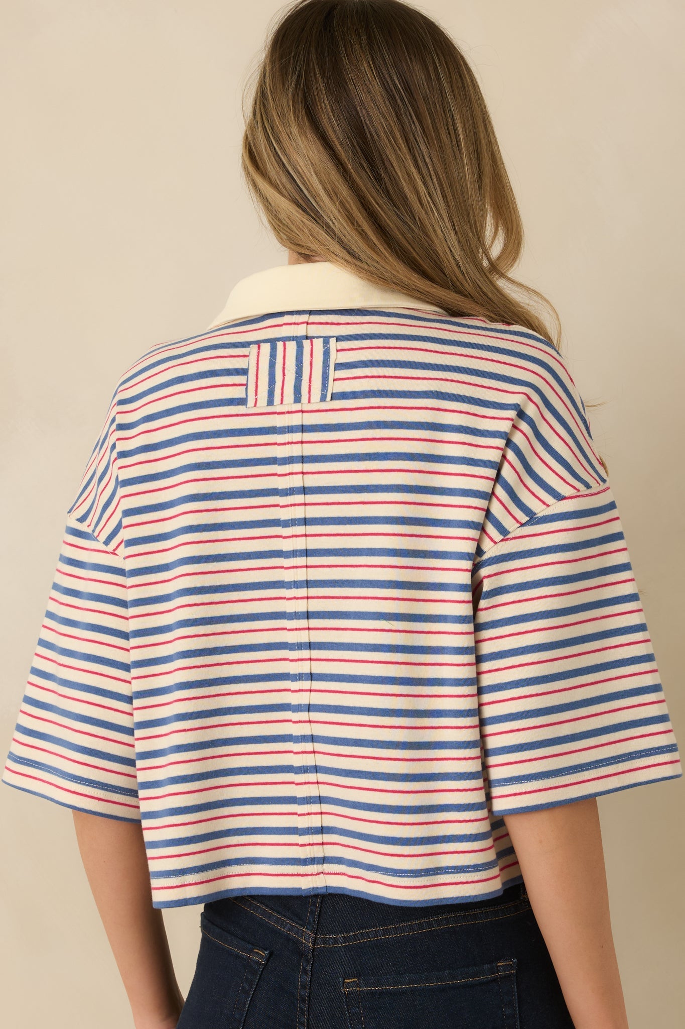Varsity Charm Blue Multi Stripe Boxy Cotton Polo Top