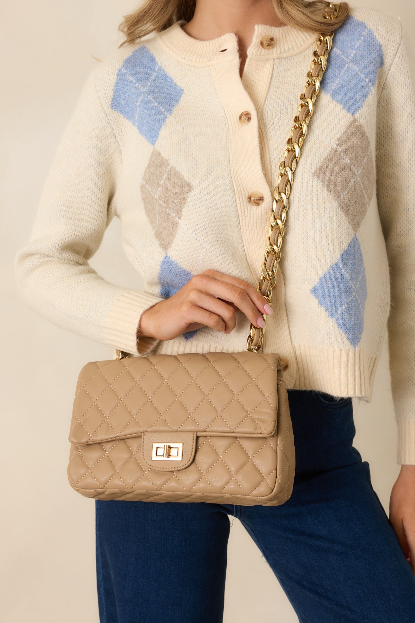 Everyday Pleasures Taupe Quilted Chain Strap Handbag