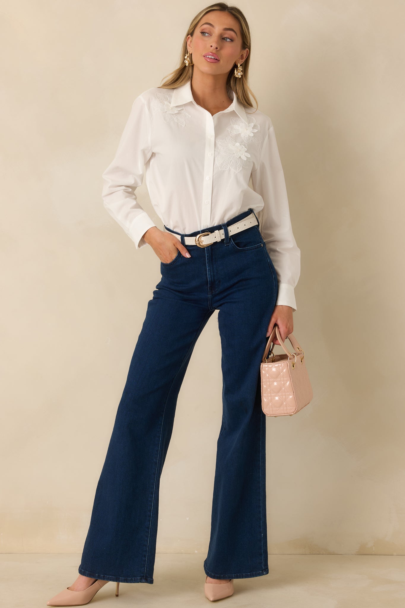 Little Details Matter White Floral Appliqué Button-Up Blouse