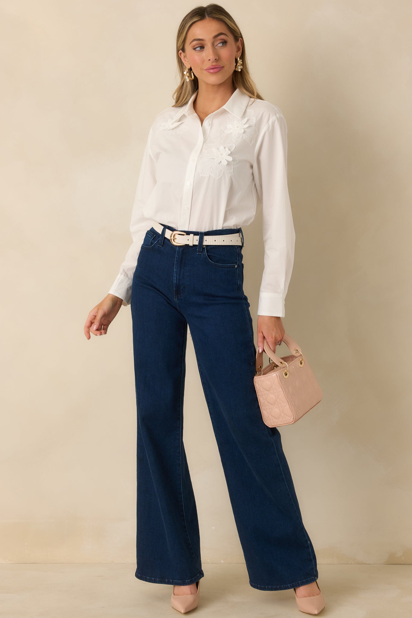 Little Details Matter White Floral Appliqué Button-Up Blouse