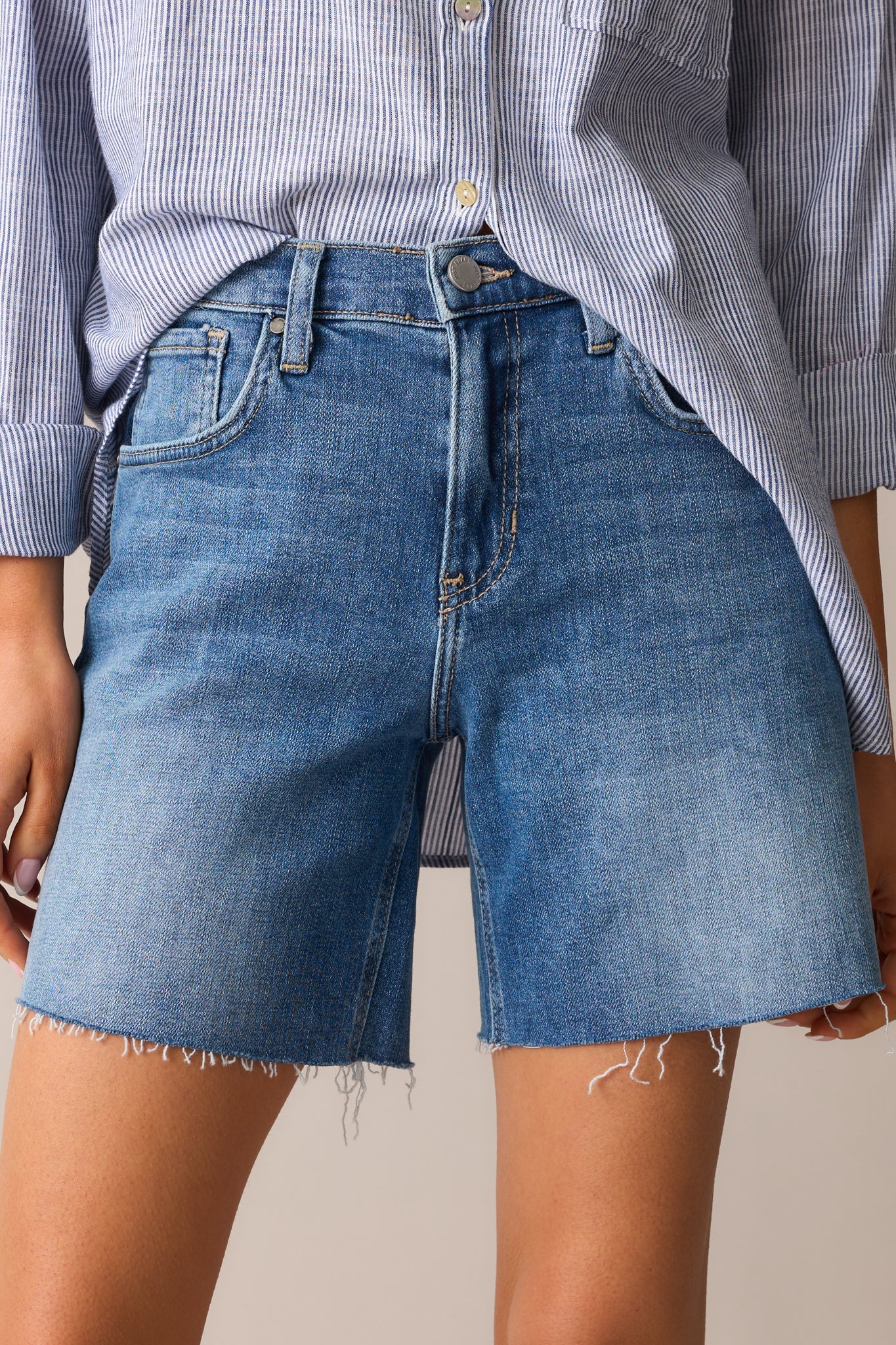Living Lightly Medium Wash Cotton High Waisted Denim Bermuda Shorts