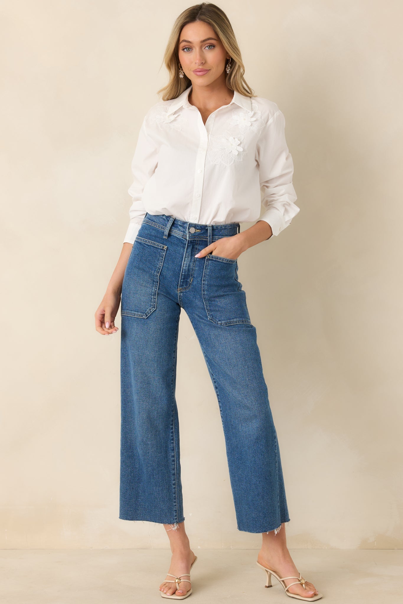 Little Details Matter White Floral Appliqué Button-Up Blouse