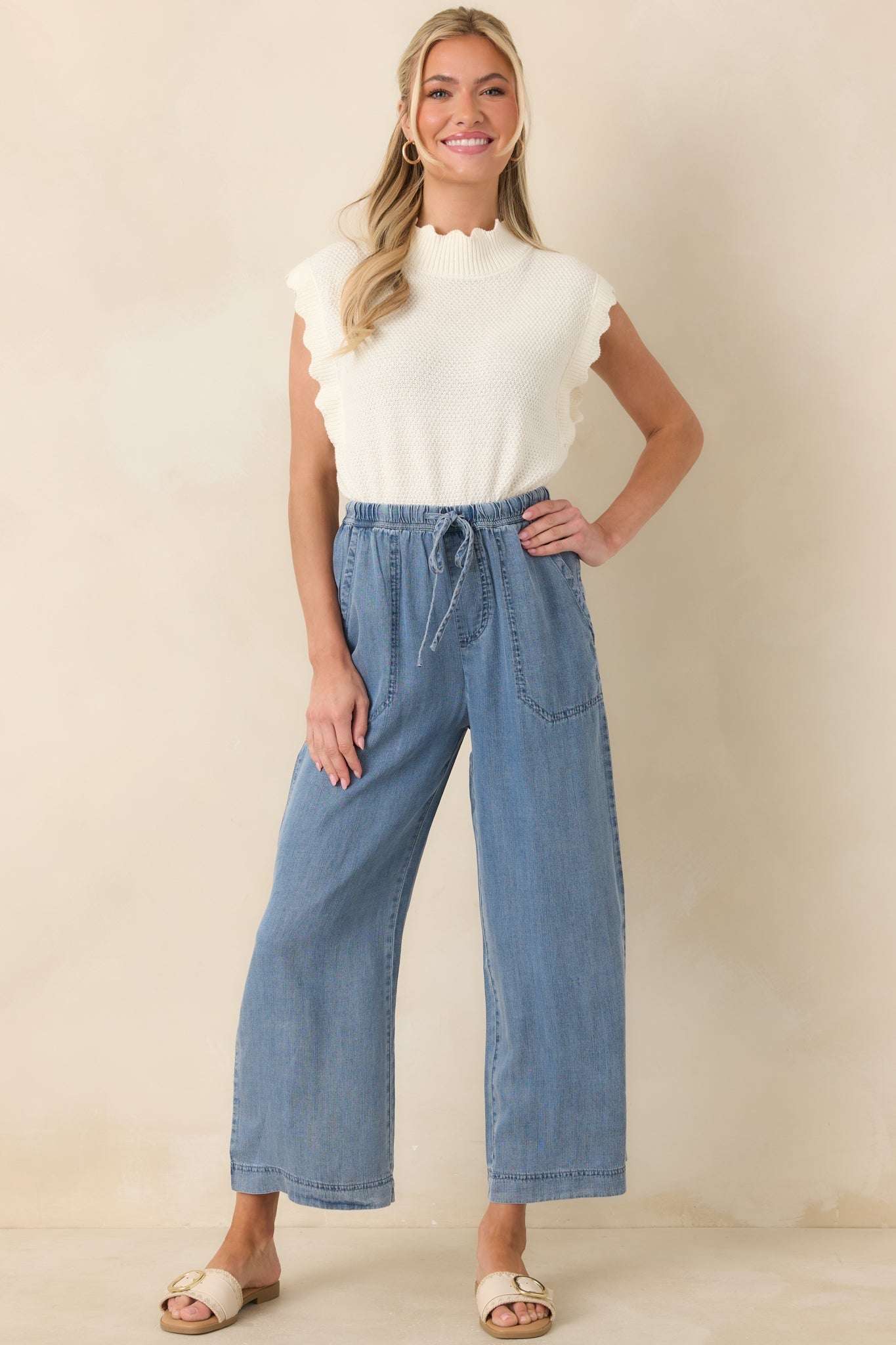 Sweetly Said White Textured Knit Scalloped Edge Sleeveless Cropped Sweater