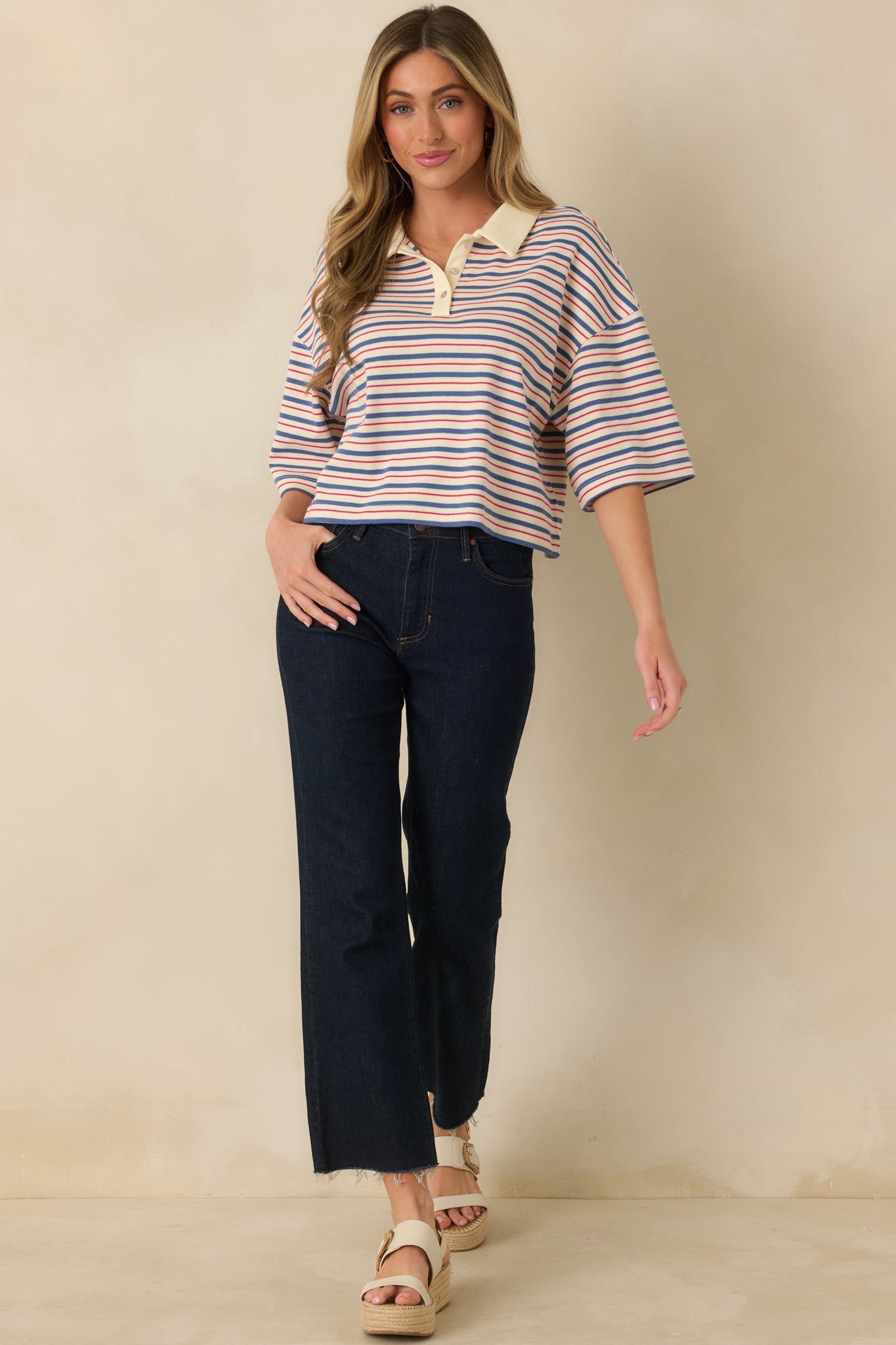 Varsity Charm Blue Multi Stripe Boxy Cotton Polo Top