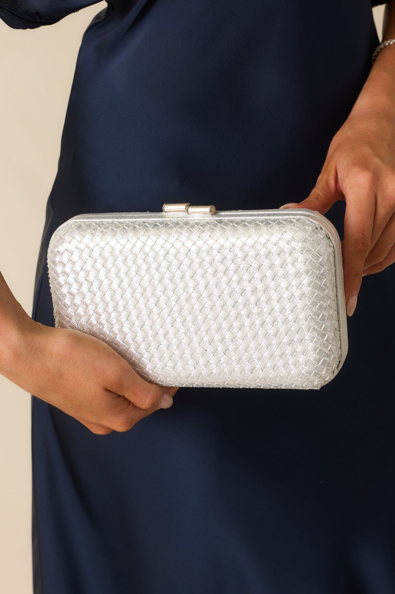 Truth Be Told Silver Metallic Woven Structured Clutch Handbag