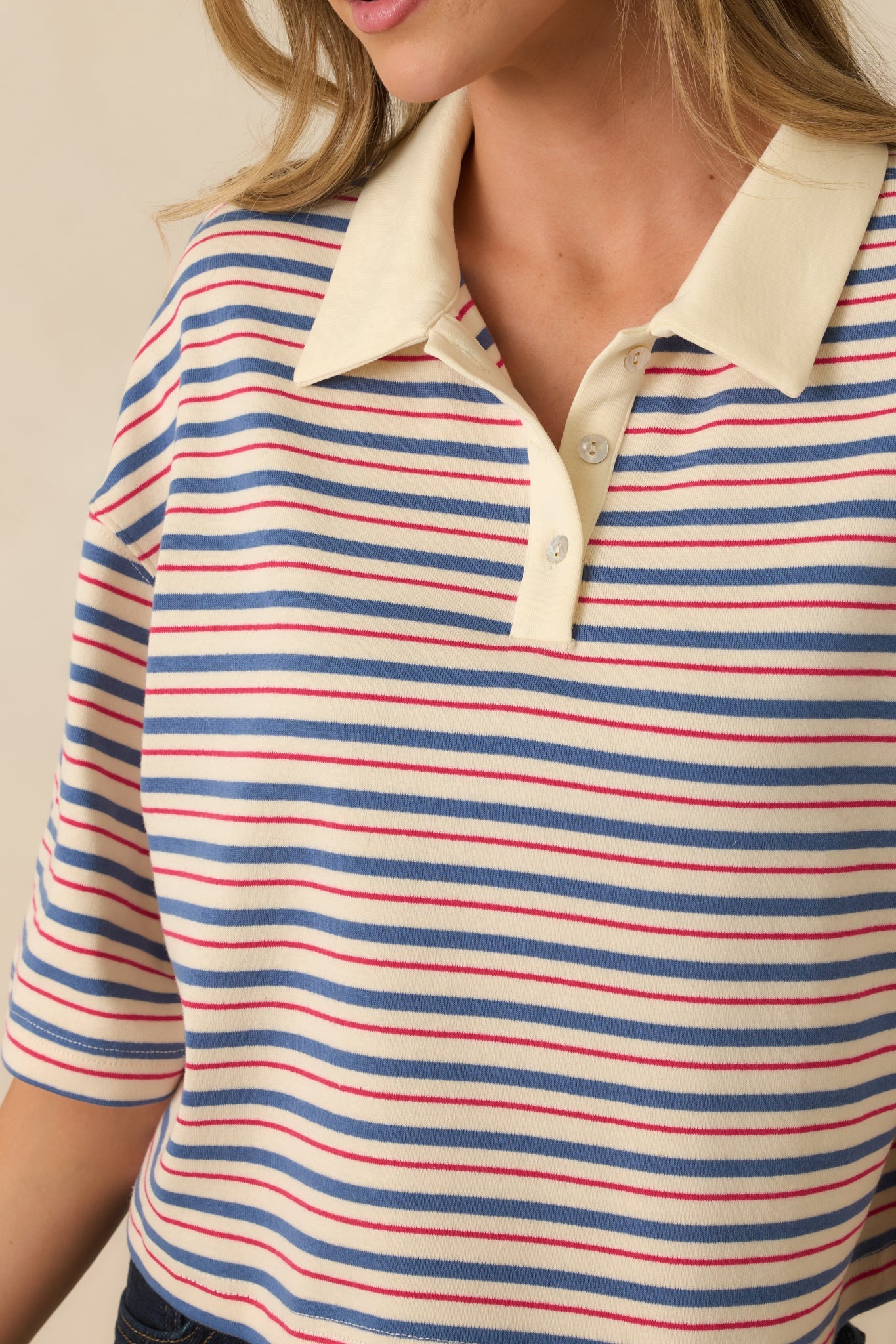 Varsity Charm Blue Multi Stripe Boxy Cotton Polo Top