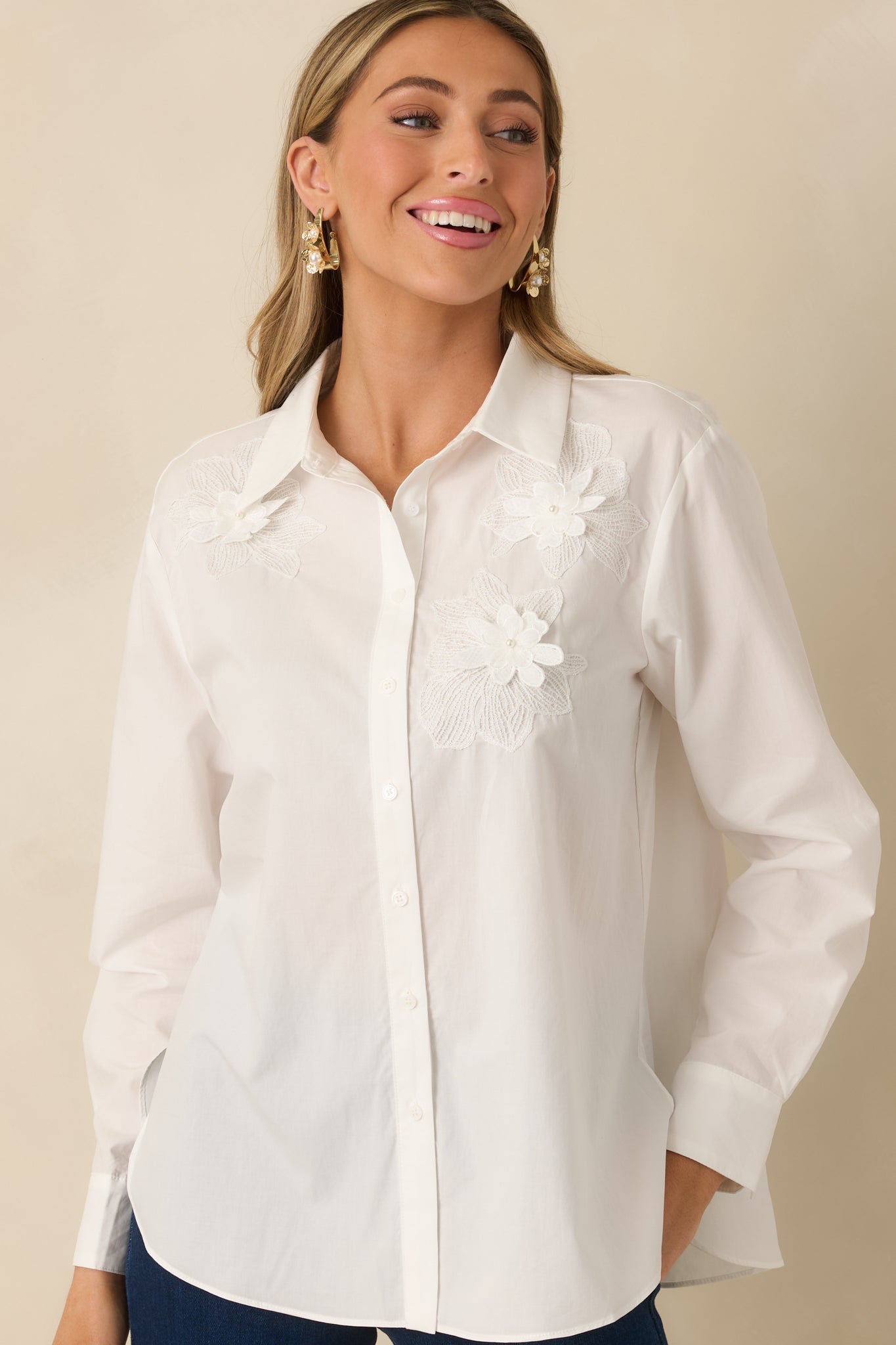 Little Details Matter White Floral Appliqué Button-Up Blouse