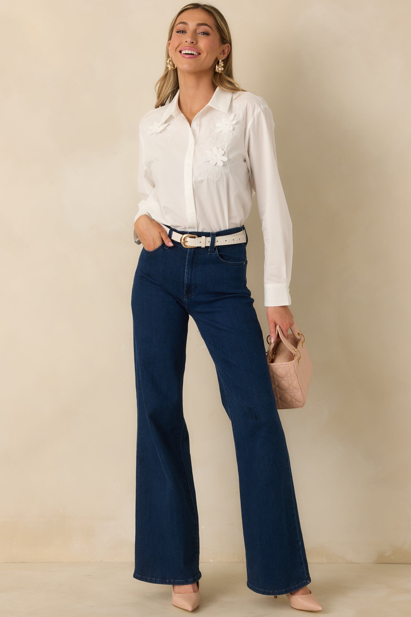 Little Details Matter White Floral Appliqué Button-Up Blouse