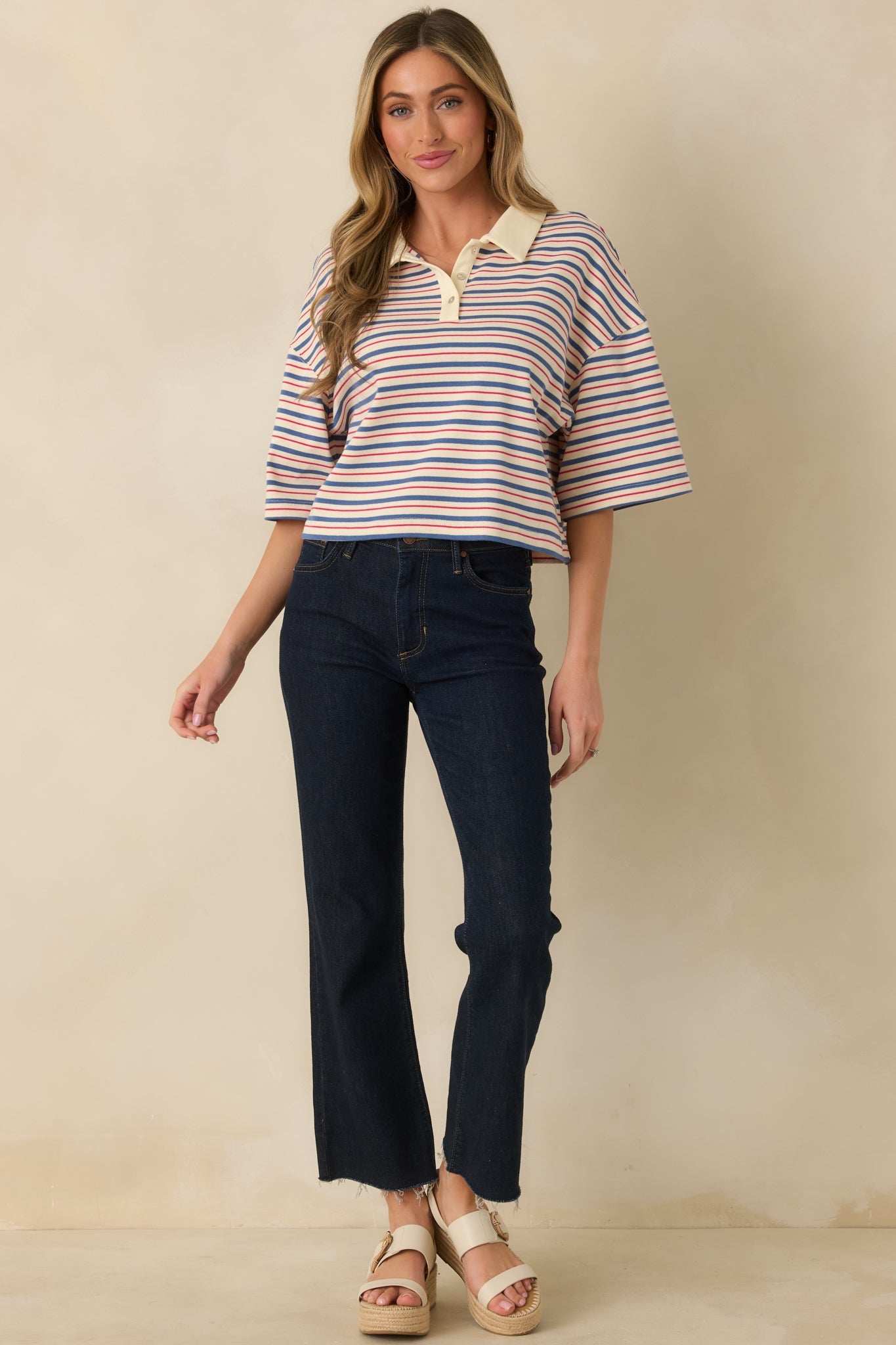 Varsity Charm Blue Multi Stripe Boxy Cotton Polo Top