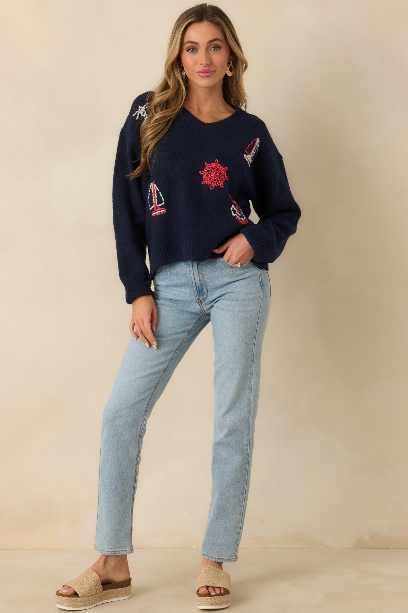 Anchored in Style Navy Multi Knit Nautical V-Neck Sweater