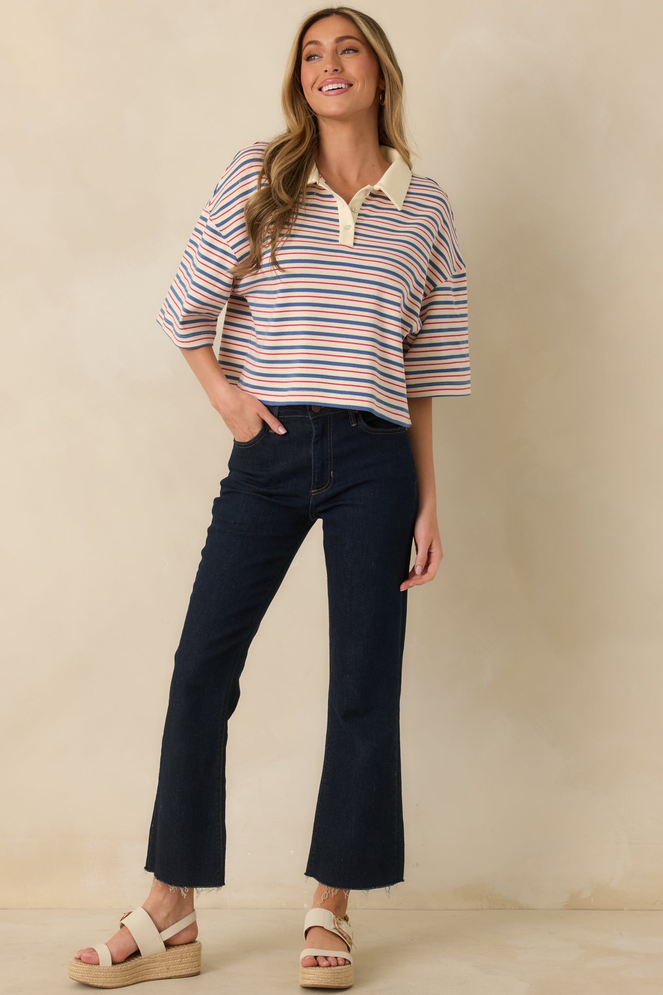 Varsity Charm Blue Multi Stripe Boxy Cotton Polo Top